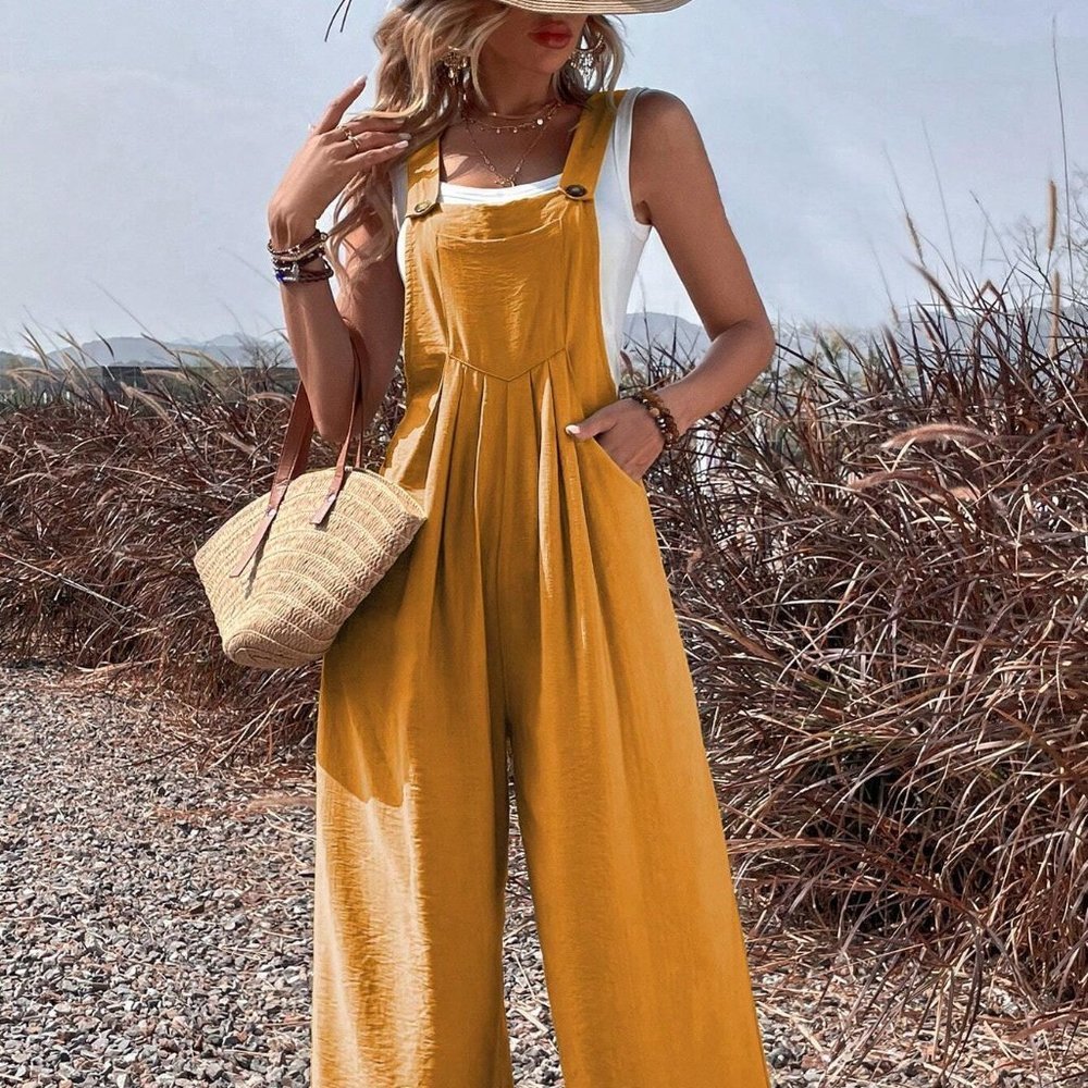 Yellow Boho Womens Solid Pocket Overall Jumpsuit - Picture 5 of 5